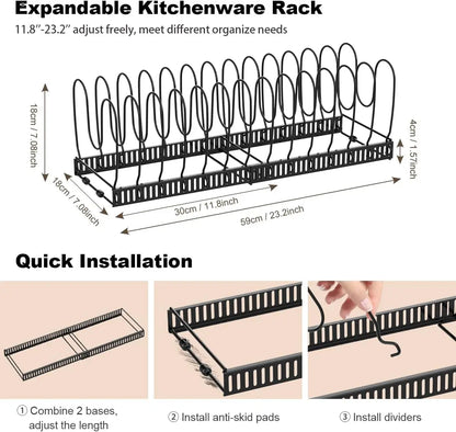 Pot and Pan Organizer Rack for Cabinet Expandable Pot Lid Organizer Holder with 10 Adjustable Dividers
