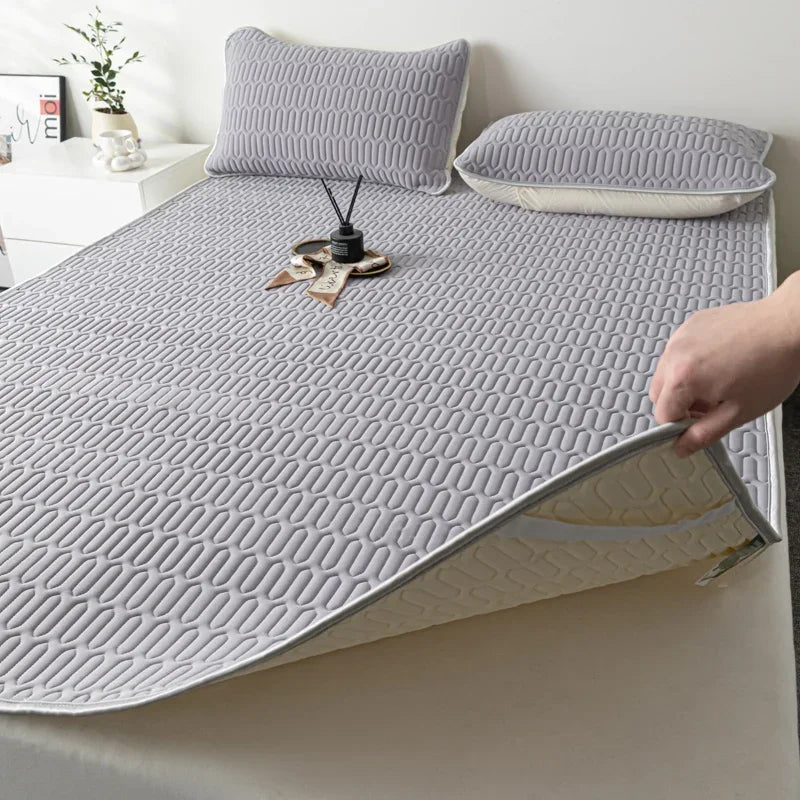 Cooling Bed Sheet Set with Pillowcases Ice Silk & Latex Quilted Breathable Cover Solid Summer Bedding Comfort & Heat Resistance