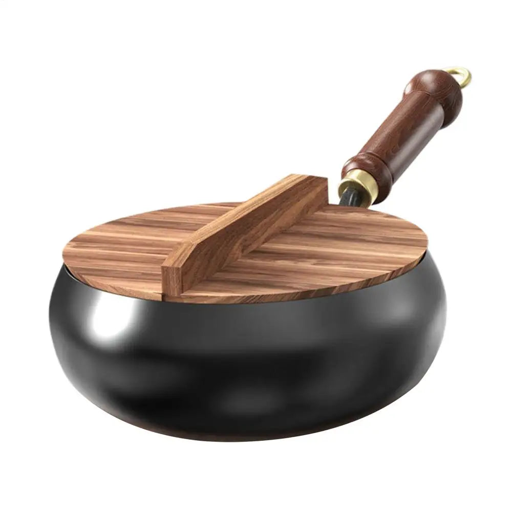 Chinese Flat Bottom frying pan Big Belly Non-stick Pan Without Coating Deep Iron Pot with Wooden pot lid 24cm Diameter Stir-Fry