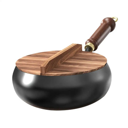 Chinese Flat Bottom frying pan Big Belly Non-stick Pan Without Coating Deep Iron Pot with Wooden pot lid 24cm Diameter Stir-Fry