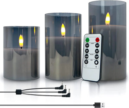 USB Rechargeable/Battery operated LED Glass Candle Remote controlled Pillar Candle Paraffin Wax 3D wick Home table Decor-Amber