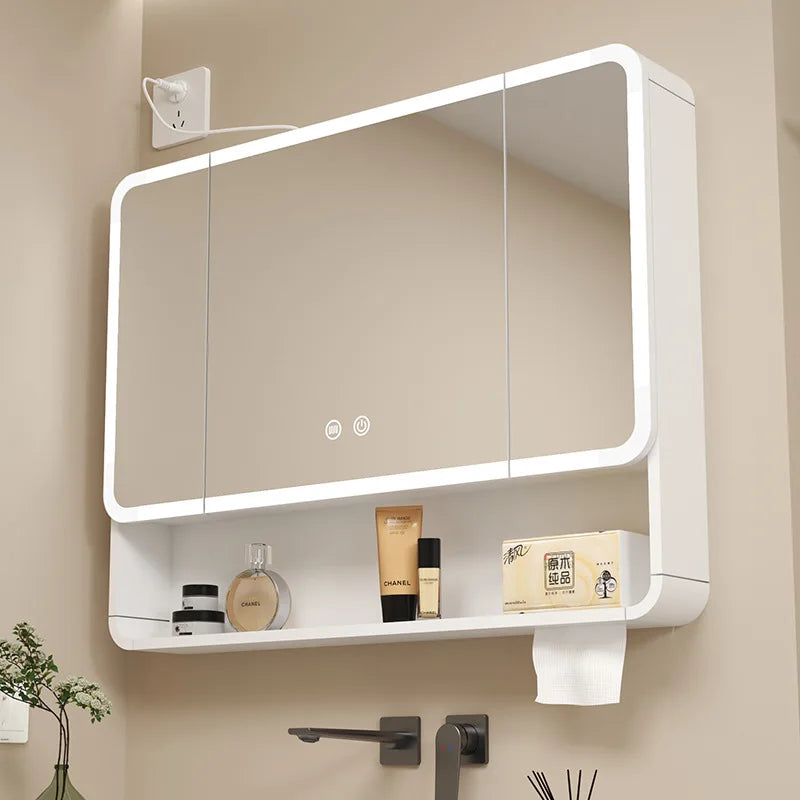 Bathroom Mirror Smart Storage Cabinet LED Light Wall Mounted Rounded Corner Anti Fog Furniture Vanity Mirror Medicine Cabinet