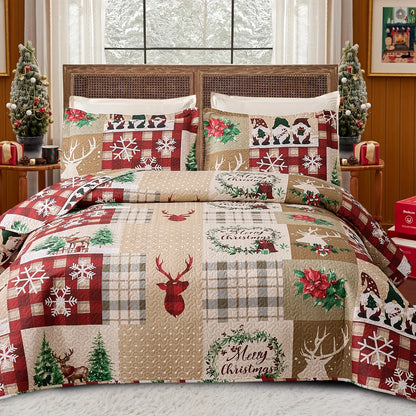 Christmas Quilt Cover Set Twin/Queen/King Size - Soft 100% Microfiber Lightweight Bedspread Coverlet with Festive Reindeer