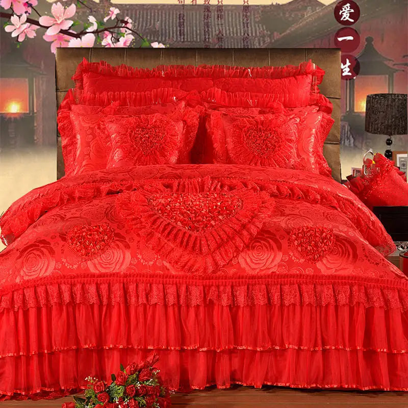 Red Jacquard Satin Cotton Bedding Set Luxury Heart-shaped Lace Princess Wedding Duvet Cover Bed Sheet Bedspread Pillowcases