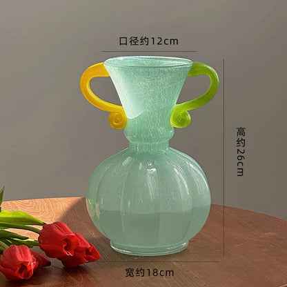 Vase French Retro Light Luxury High Sense of Art Handmade Glass Vase Living Room Decoration High Appearance Level