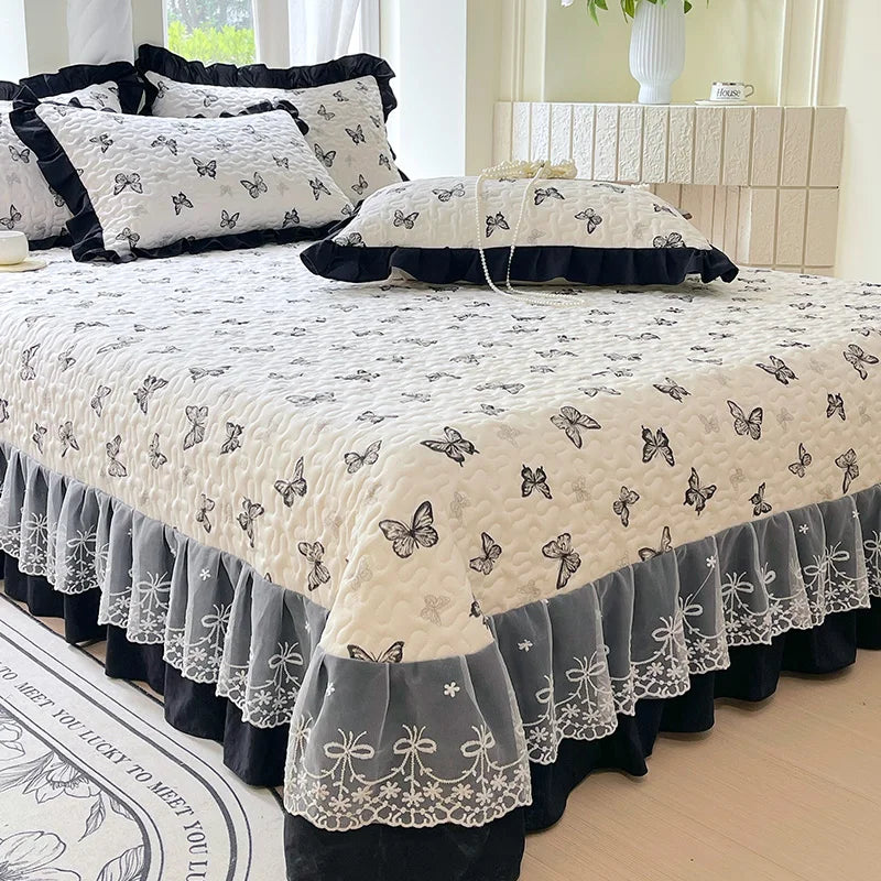 1pc Quilted Bedspread for Beds Thick Blanket with Lace Single/Queen/King Size Flower Printed Quilted Bed Cover Soft Bedspreads