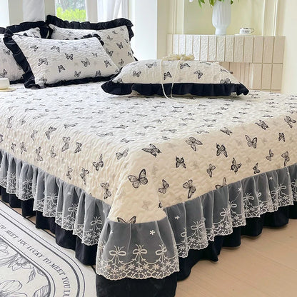 1pc Quilted Bedspread for Beds Thick Blanket with Lace Single/Queen/King Size Flower Printed Quilted Bed Cover Soft Bedspreads