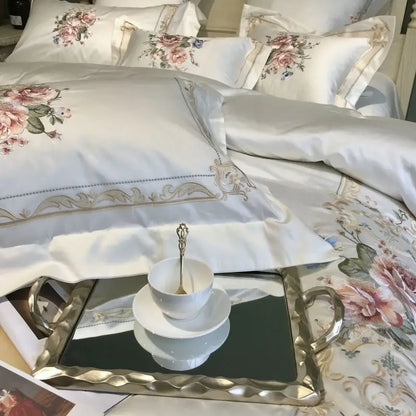 4/7Pcs White Luxury 1000TC Egyptian Cotton Flowers Embroidery Bedding Set Duvet Cover Bed Sheet/Fitted Bed Sheet Pillowcases