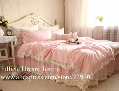 Pink Lace Bedding Set for Queen Luxury Embroidery Wedding Beddings Princess Ruffle Duvet Cover Handmade Bed Sheet Skirt Type