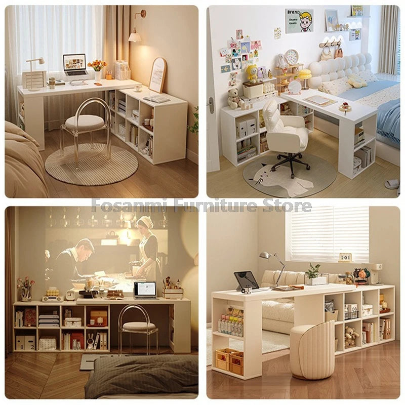 Multifunctional Adjustable White Desk with Storage Cabinet Modern Extendable Table for Bedroom Office Room Simple Corner Desks