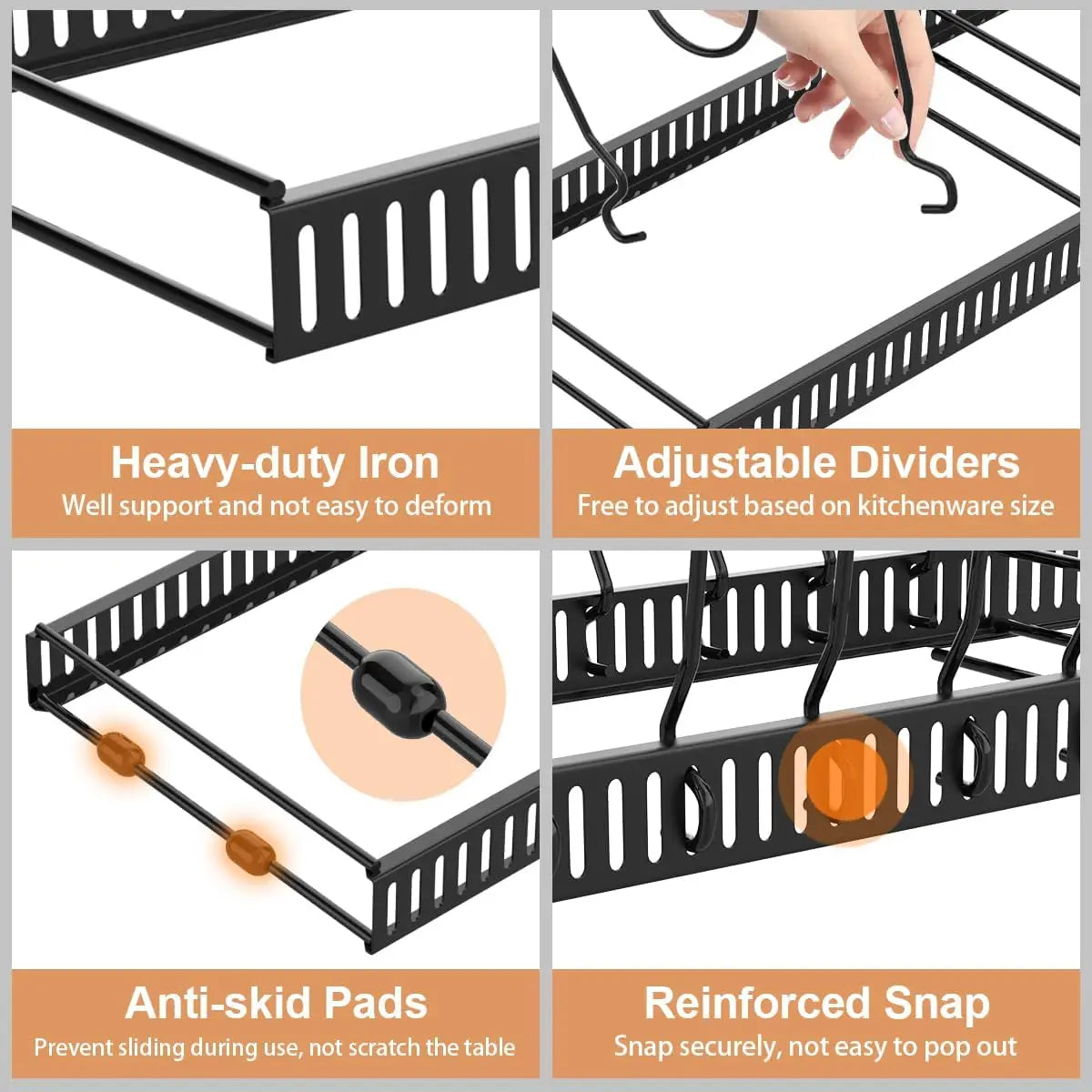 Pot and Pan Organizer Rack for Cabinet Expandable Pot Lid Organizer Holder with 10 Adjustable Dividers