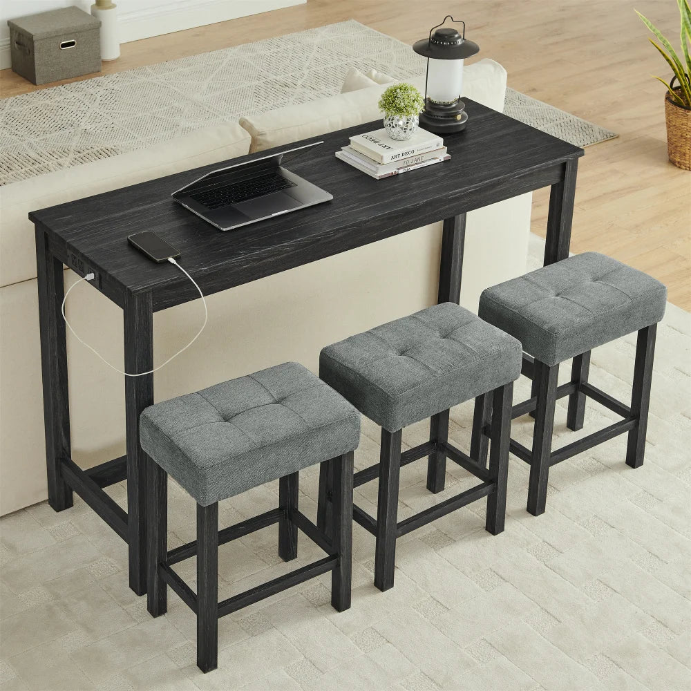 59 Inch Bar Table w/Power Outlet,3 Upholstered Stools,4-Piece Set for Living/Dining/Kitchen