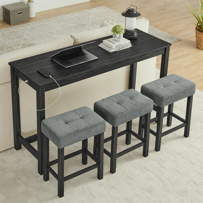 59 Inch Bar Table w/Power Outlet,3 Upholstered Stools,4-Piece Set for Living/Dining/Kitchen