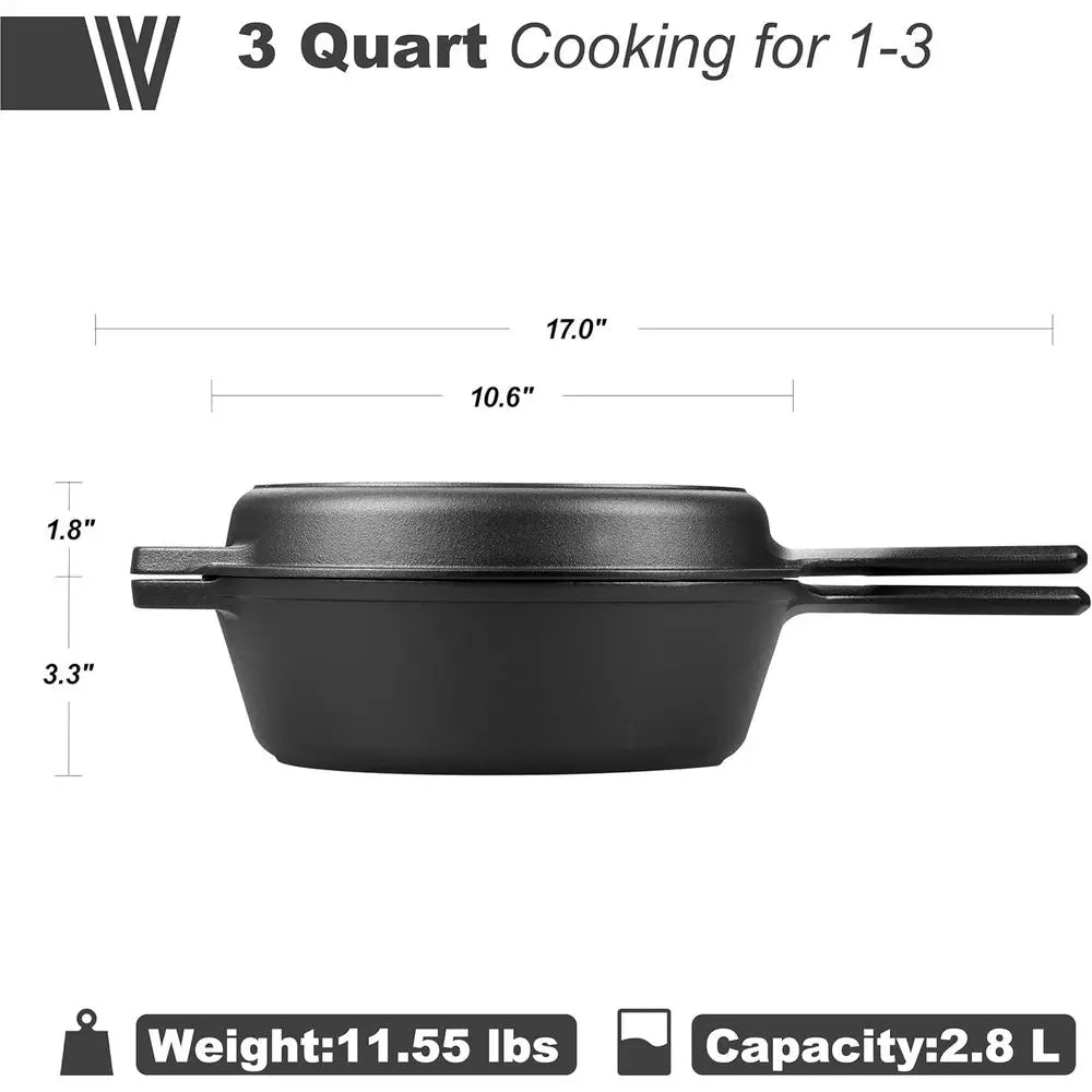Cast Iron Double Dutch Oven Pot with Skillet Lid, Bread Baking, Outdoor, Campfire Cooking, 3 Quart