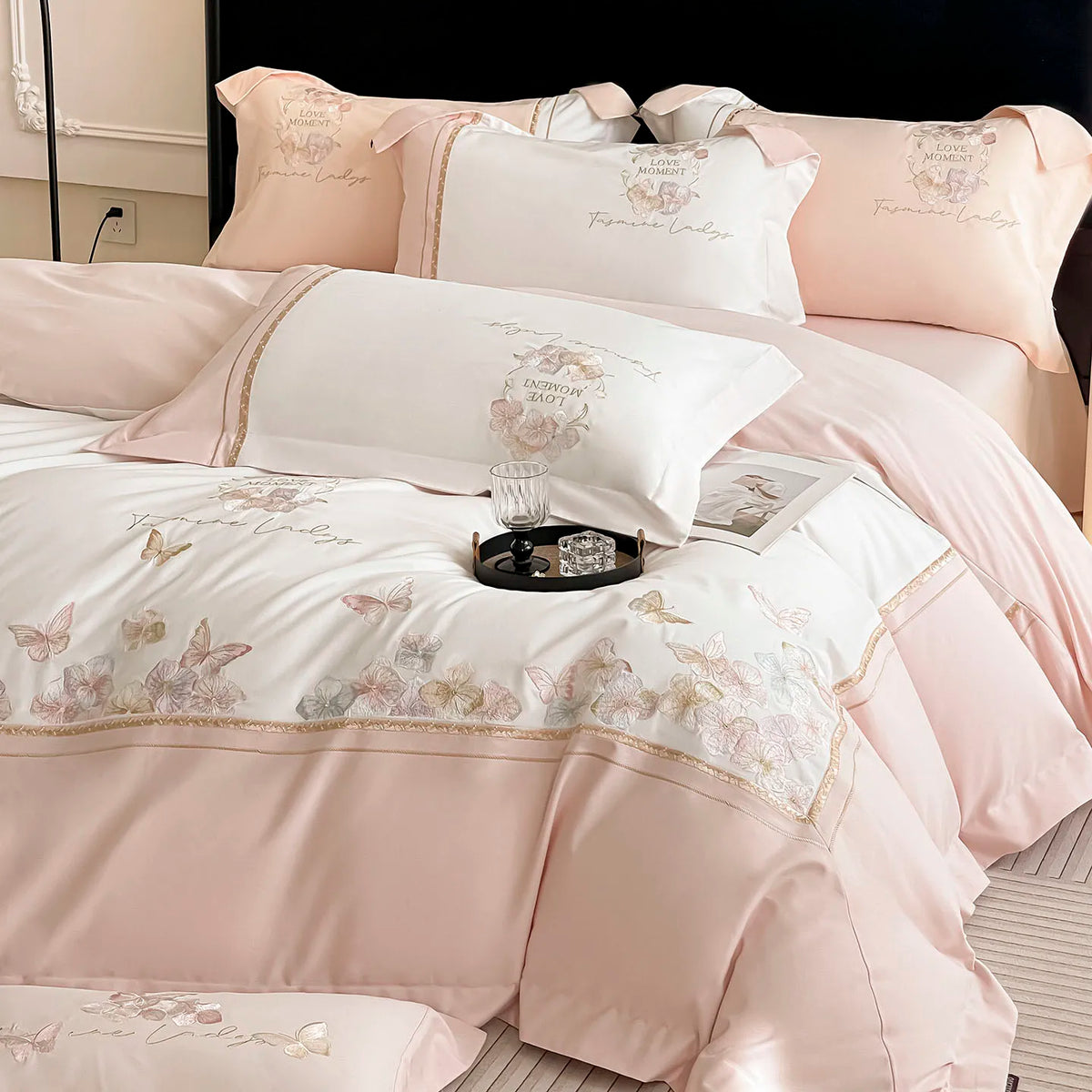 Butterfly Embroidery Bedding Set Luxury 4pcs Egyptian Cotton Duvet Cover Set Flat/Fitted Bed Sheet Pillowcases Home Textiles
