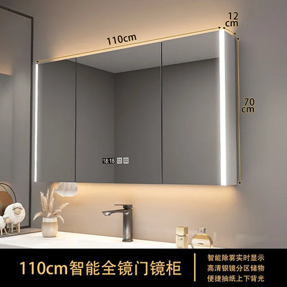 Bathroom Furniture Mirror Cabinet Modern Solid Wood Bathroom Smart with Light Defogging Beauty Mirror with Storage Locker