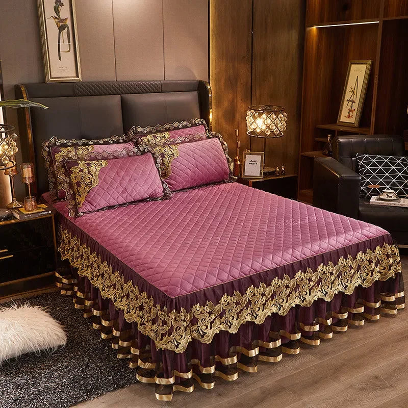 Gold Embroidery Velvet Quilted Thicken Bedspread Queen King Size Soft Warm Lace Ruffle Bed Skirt 2 Pillowcases 200x220 Green