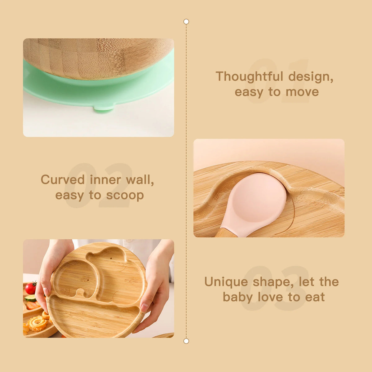 4pcs Children's Tableware Suction Plate Bowl Baby Dishes Baby Feeding Dishes Spoon Fork Sets Bamboo Plate for Kids Tableware
