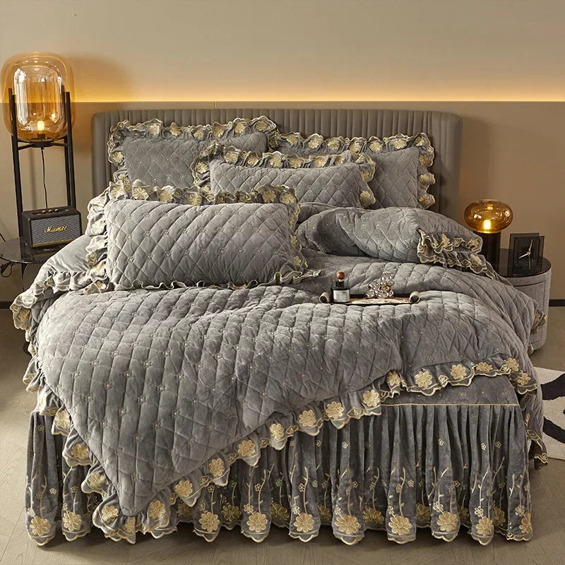 AI WINSURE-Luxury Embroidery Velvet Bedding Set, Quilted Skirted Bedspread with 2 Pillowcases, Queen Double Bed Duvet Cover, 4PC