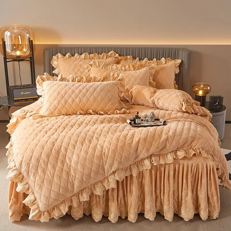 AI WINSURE-Luxury Embroidery Velvet Bedding Set, Quilted Skirted Bedspread with 2 Pillowcases, Queen Double Bed Duvet Cover, 4PC