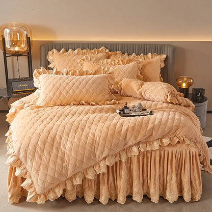 AI WINSURE-Luxury Embroidery Velvet Bedding Set, Quilted Skirted Bedspread with 2 Pillowcases, Queen Double Bed Duvet Cover, 4PC