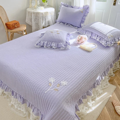 Elegant Handmade Flowers Quilted Washed Cotton Lace Princess Bedspread Coverlet Queen Double Mattress Cover Bed Sheet Quilts