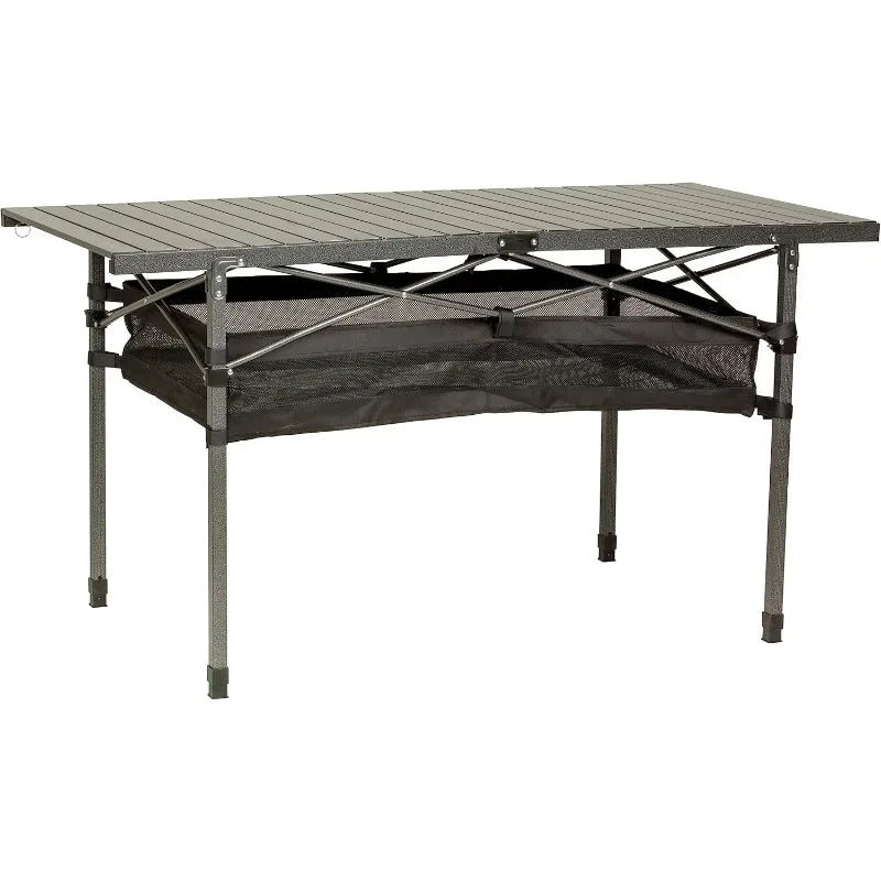 Camping Dining Table, Slatted Aluminum Tabletop, Foldable Design, Heavy-Duty Steel Legs, Powder-Coated Protection, Mesh