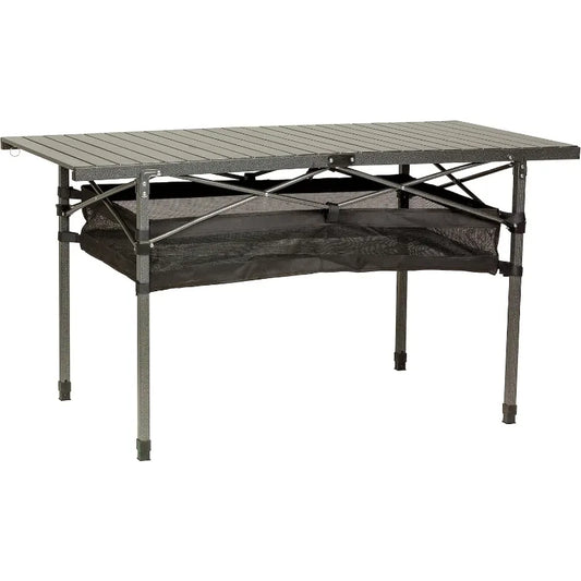 Camping Dining Table, Slatted Aluminum Tabletop, Foldable Design, Heavy-Duty Steel Legs, Powder-Coated Protection, Mesh