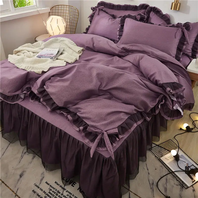 Korean Bed Skirt Bedding Sets with Ruffled Edges Thickened Princess Brushed Quilt Kit Solid Skin-Friendly Breathable Bedclothes