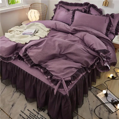 Korean Bed Skirt Bedding Sets with Ruffled Edges Thickened Princess Brushed Quilt Kit Solid Skin-Friendly Breathable Bedclothes