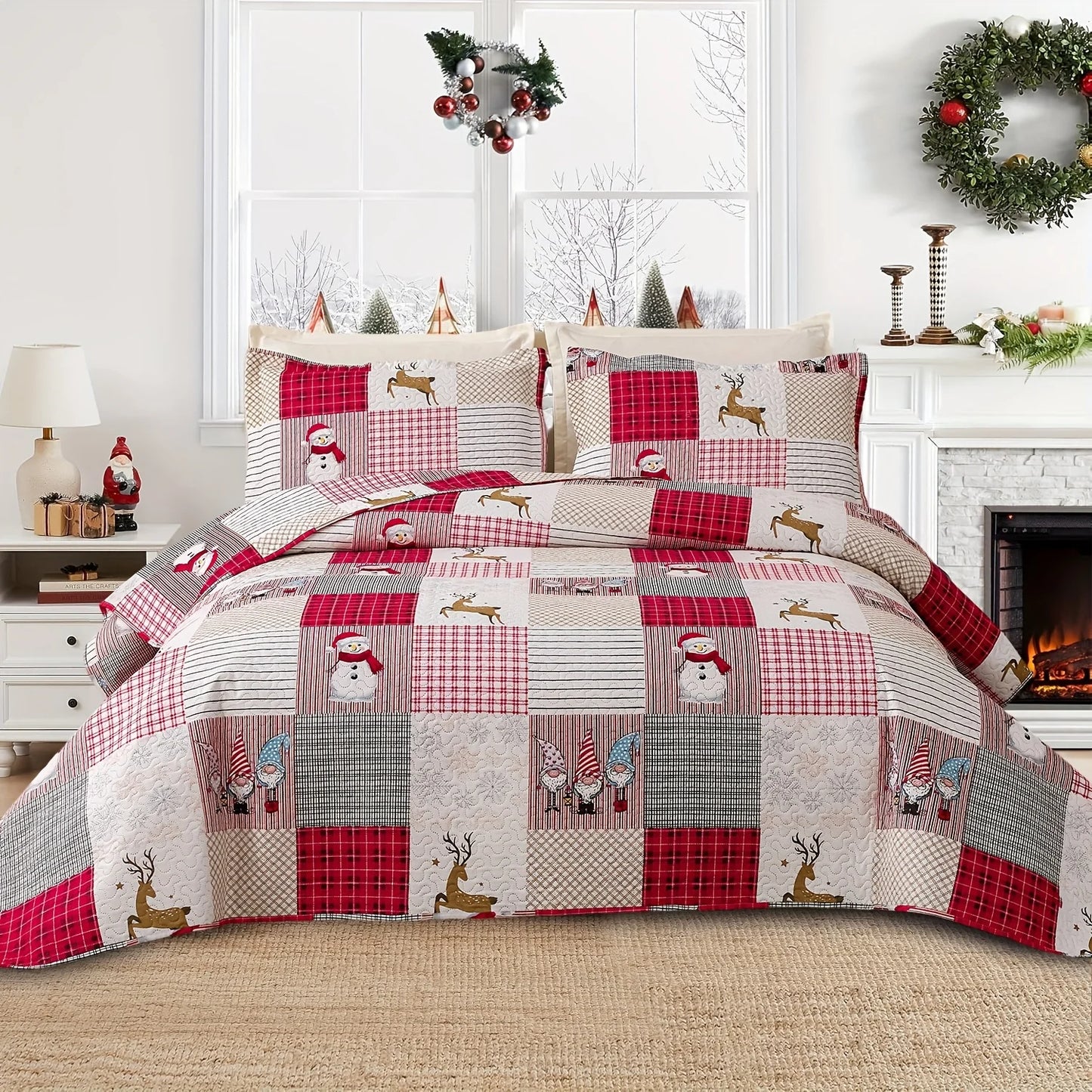 Christmas Quilt Cover Set Twin/Queen/King Size - Soft 100% Microfiber Lightweight Bedspread Coverlet with Festive Reindeer