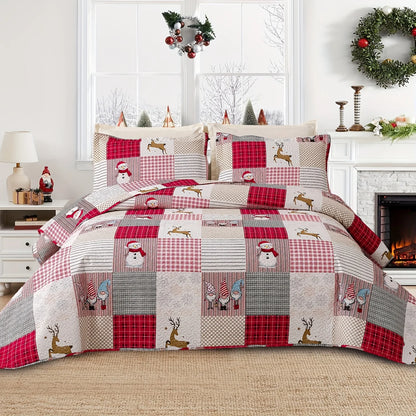 Christmas Quilt Cover Set Twin/Queen/King Size - Soft 100% Microfiber Lightweight Bedspread Coverlet with Festive Reindeer