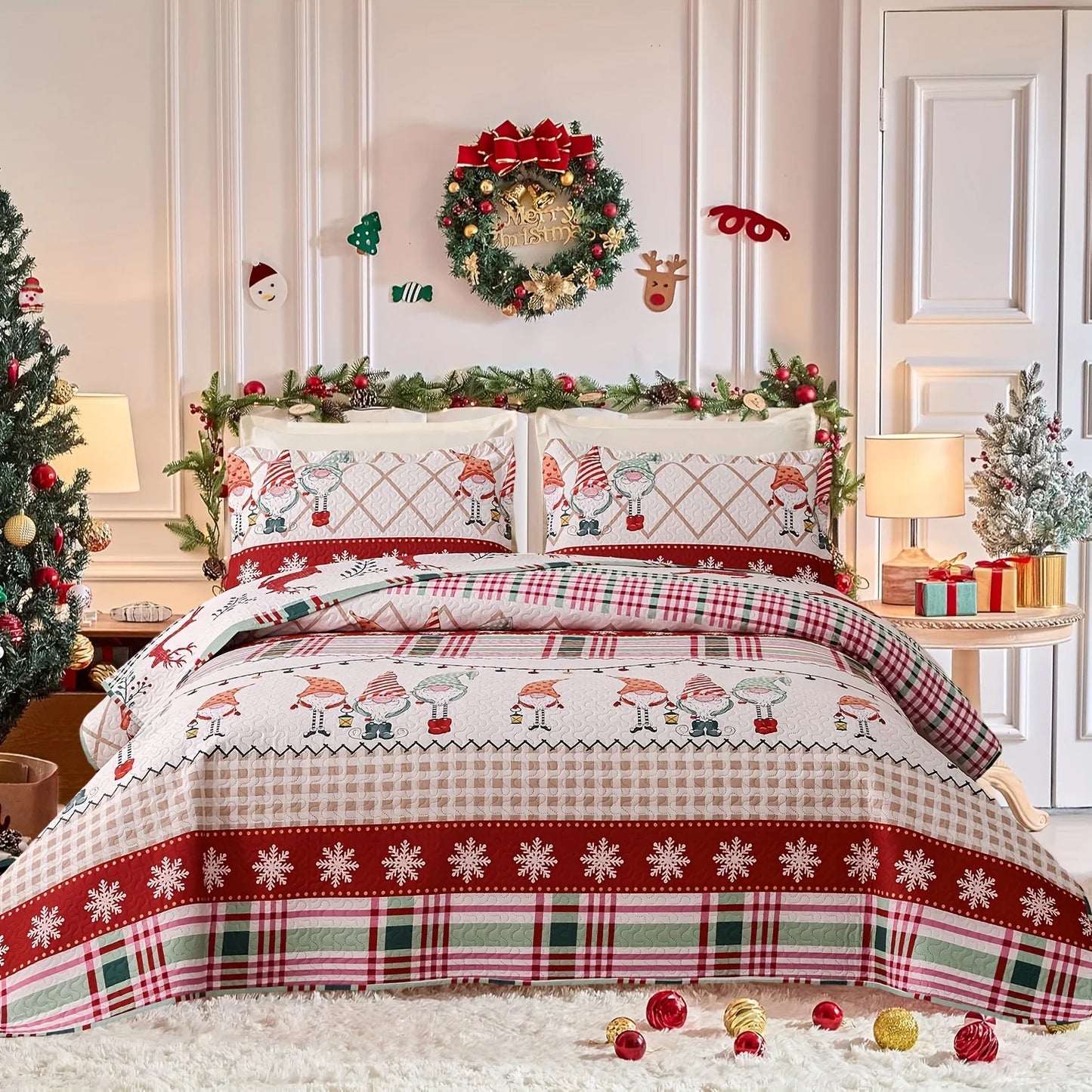 Christmas Quilt Cover Set Twin/Queen/King Size - Soft 100% Microfiber Lightweight Bedspread Coverlet with Festive Reindeer