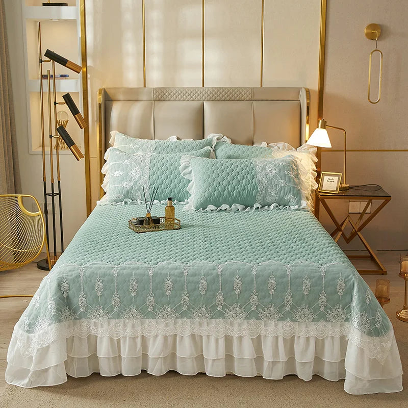 Solid Color Thicked Quilted lace Bed Skirt European Style 245x250cm Coverlet Bed Cover Bed Linen Solid Color King Queen Size