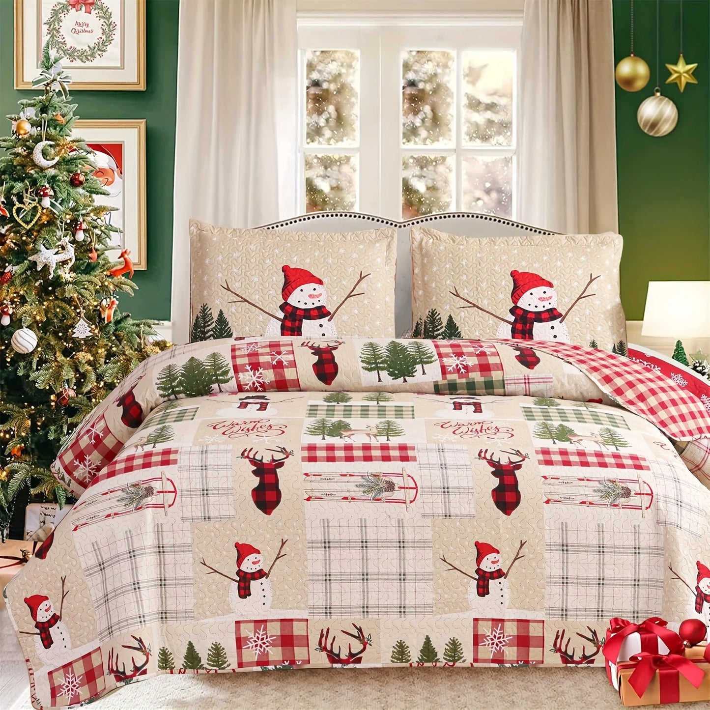 Christmas Quilt Cover Set Twin/Queen/King Size - Soft 100% Microfiber Lightweight Bedspread Coverlet with Festive Reindeer