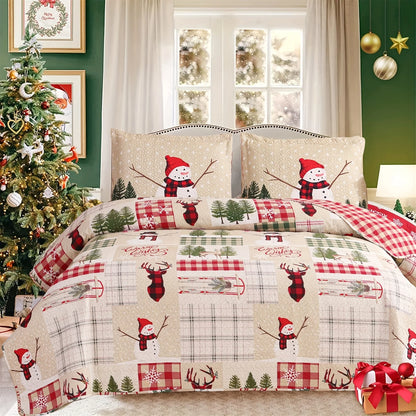 Christmas Quilt Cover Set Twin/Queen/King Size - Soft 100% Microfiber Lightweight Bedspread Coverlet with Festive Reindeer
