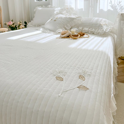 Elegant Handmade Flowers Quilted Washed Cotton Lace Princess Bedspread Coverlet Queen Double Mattress Cover Bed Sheet Quilts