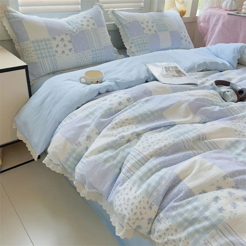 New printed Class A wrinkled yarn double-layer yarn cotton lace four-piece set dormitory bed sheet kit