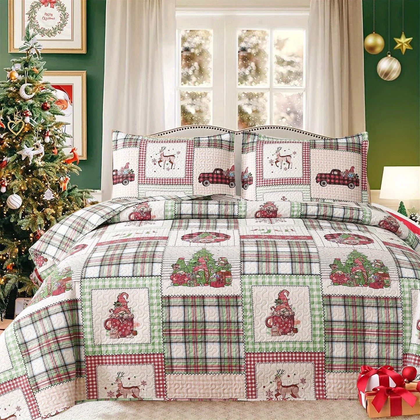 Christmas Quilt Cover Set Twin/Queen/King Size - Soft 100% Microfiber Lightweight Bedspread Coverlet with Festive Reindeer