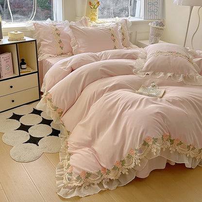 2026 New INS Princess Style Bedding Sets Ruffle Lace Bow Quilt Cover Romantic Bedclothes Woman Girls Bedroom Duvet Cover 4pcs