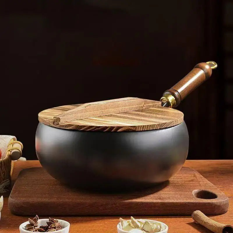 Chinese Flat Bottom frying pan Big Belly Non-stick Pan Without Coating Deep Iron Pot with Wooden pot lid 24cm Diameter Stir-Fry