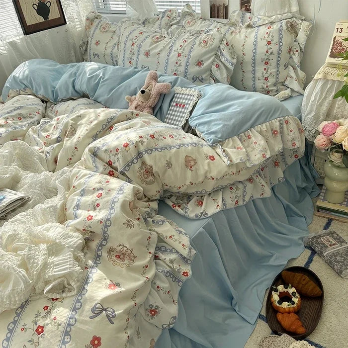 2025 new Korean Princess Style Floral Ruffles Bedding Set Skin-friendly Soft Duvet Cover Set Bed Sheet Or Bed Skirt Pillowcases