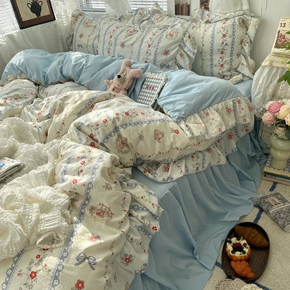 2025 new Korean Princess Style Floral Ruffles Bedding Set Skin-friendly Soft Duvet Cover Set Bed Sheet Or Bed Skirt Pillowcases
