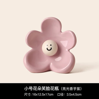 Flower Smiling Face Flower Arrangement Cute Ceramic Vase Decorative Table Dried Flower Vase Ornaments Home Decoration Vases