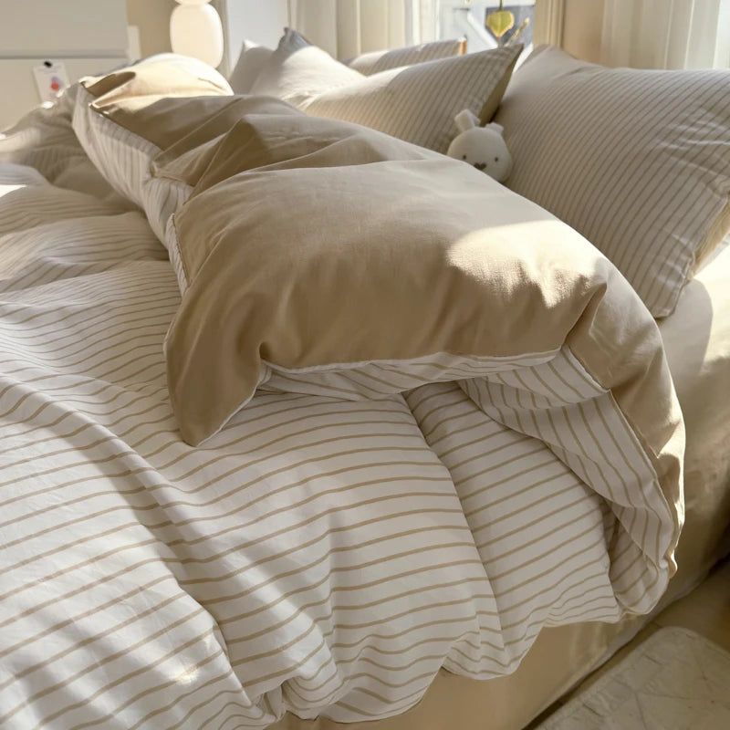 Ins Stripes 100% Washed Cotton Bedding Set with Pillowcase Bed Sheet Quilt Cover Single Double King Queen Size Duvet Cover Set