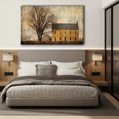 1pc Vintage Farmhouse Framed Wall Art - Rustic Autumn Landscape with Aged Wood Frame, Wrapped Canvas Print Suitable for Indoor/O