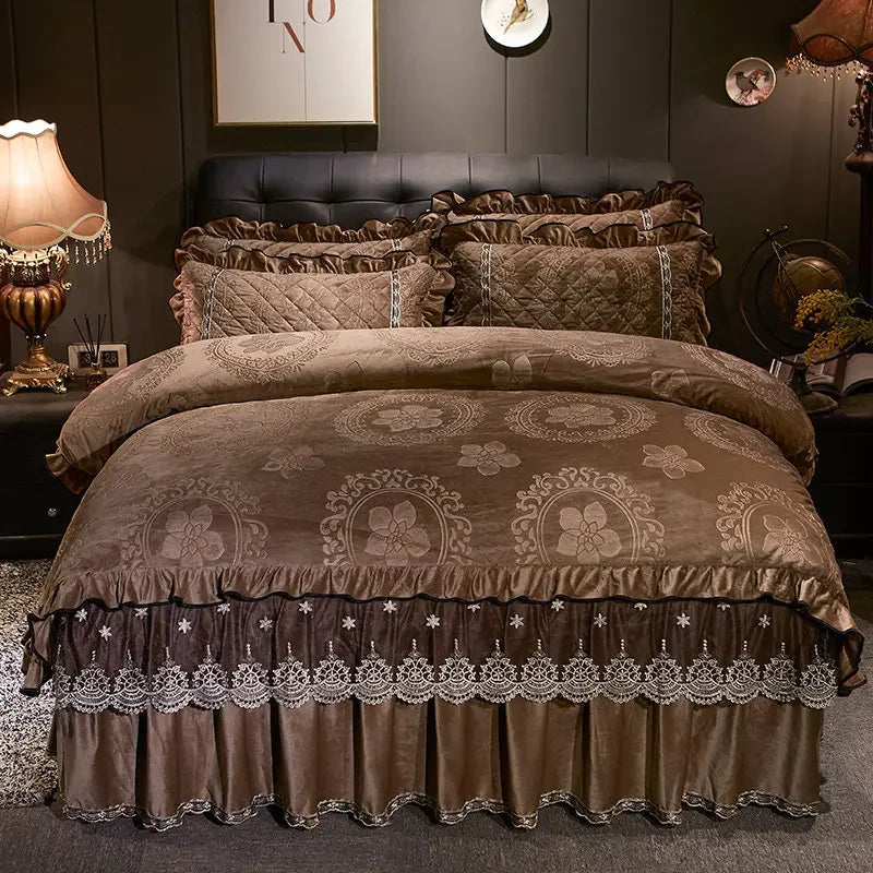 AI WINSURE-Europe Lace Velvet 4pcs Bedding Set, Embossed Duvet Cover, Quilted Bedspread, Soft, with 2 Pillowcases, for Winter