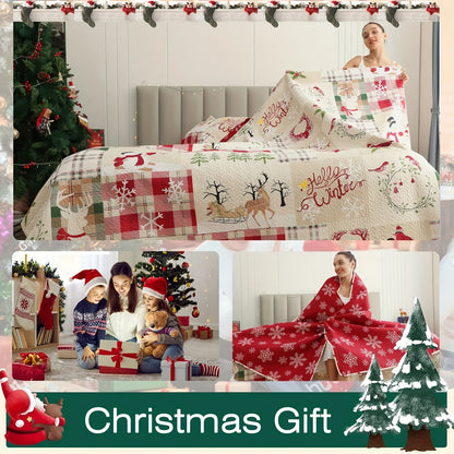 Christmas Quilt Cover Set Twin/Queen/King Size - Soft 100% Microfiber Lightweight Bedspread Coverlet with Festive Reindeer