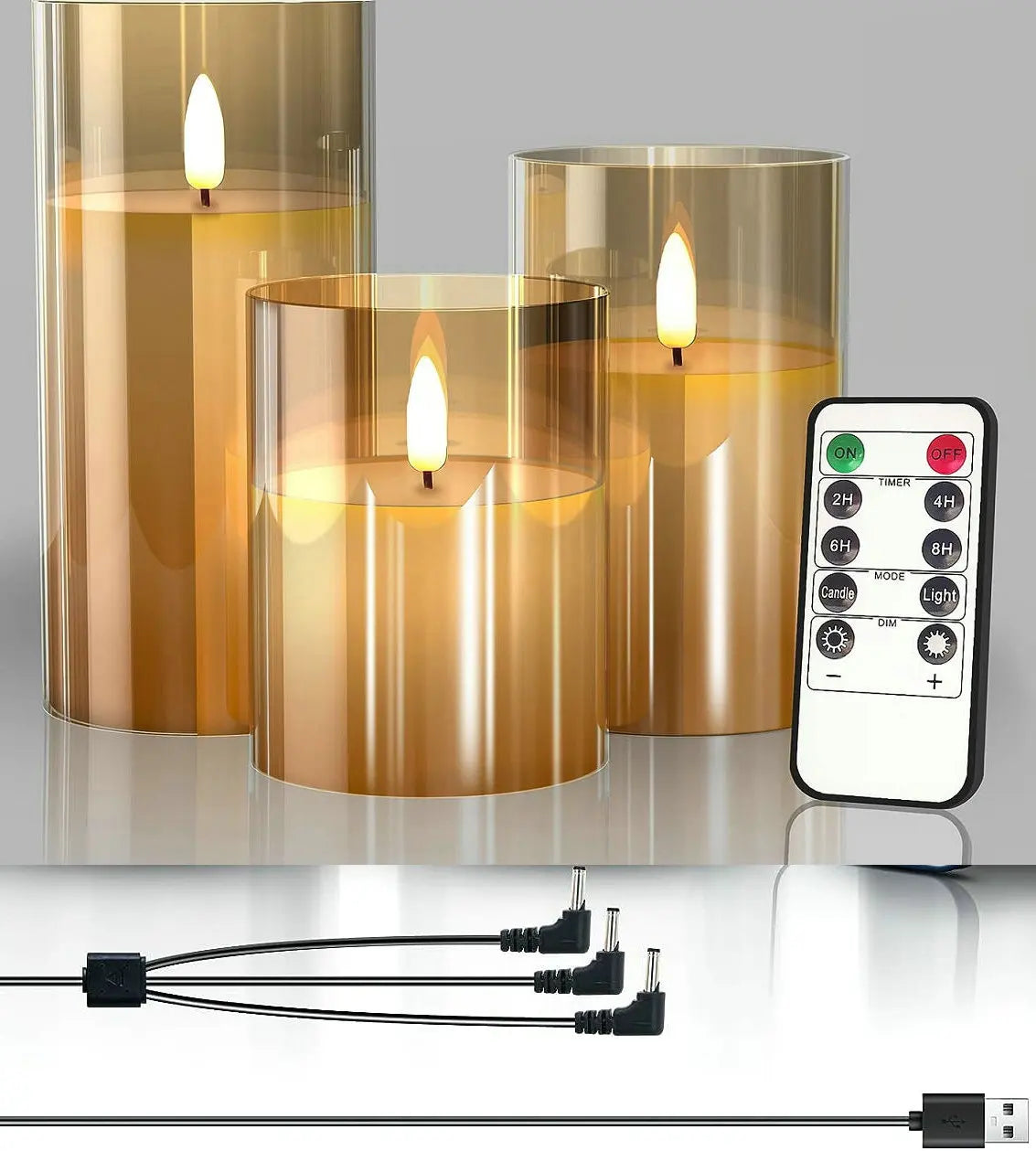 USB Rechargeable/Battery operated LED Glass Candle Remote controlled Pillar Candle Paraffin Wax 3D wick Home table Decor-Amber