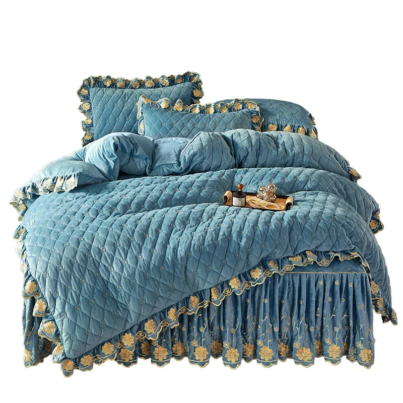 AI WINSURE-Luxury Embroidery Velvet Bedding Set, Quilted Skirted Bedspread with 2 Pillowcases, Queen Double Bed Duvet Cover, 4PC